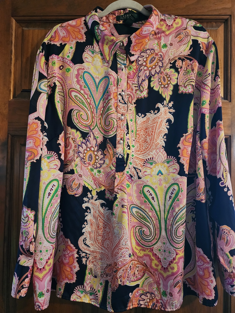 Ralph Lauren 2X Paisley Satin Tunic Blouse w/ Pearl Buttons